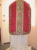 Richly Embroidered Antique Vestment set in Red Silk Damask