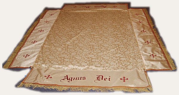 Large Processional Canopy with Pure Silk side panels, embroidered Greek Crosses, gothic script text,